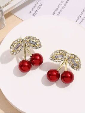***Dainty Gold-Tone Red Cherry Rhinestone Stud Earrings - Elegant Women Jewelry
